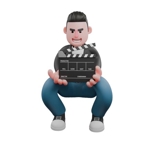 Cartoon Cameraman Design in Creative Style Artwork 3D. A male cameraman is crouching with a clapperboard in both hands. Illustration