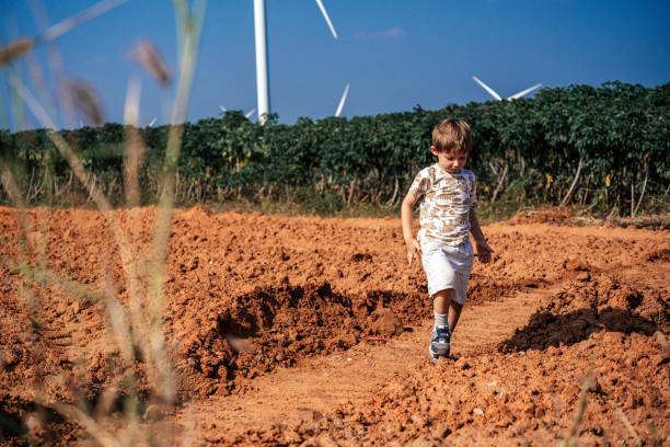 Little cute boy throwing stone in the field at summer day