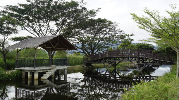 istock Wooden Bridge and Pavilion Over Serene Water with Lush Greenery 2188145113
