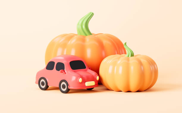 Cartoon various pumpkins and car on the yellow background, 3d rendering. 3d illustration.