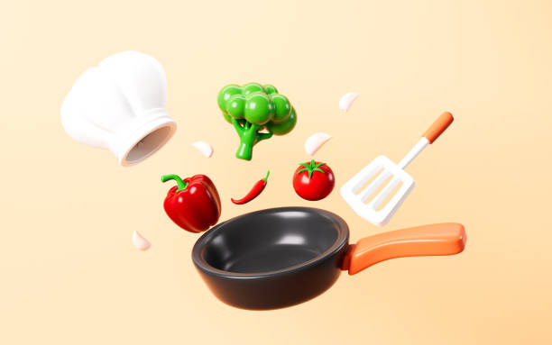 istock Cartoon chef hat, kitchenware and red pepper, broccoli and so on vegetables on the yellow background, 3d rendering. 2188148258