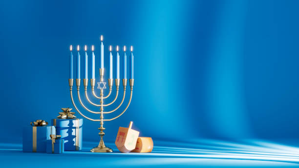Hanukkah, Jewish Holiday with Menorah, Dreidels and Gift Boxes stock photo