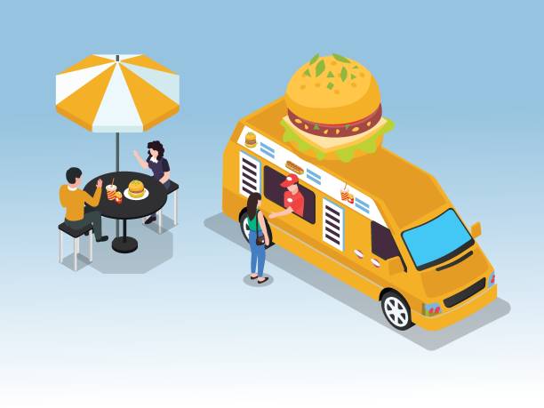 istock Yellow Burger Food Truck Serving Outdoor Diners 3d isometric vector illustration 2188150821