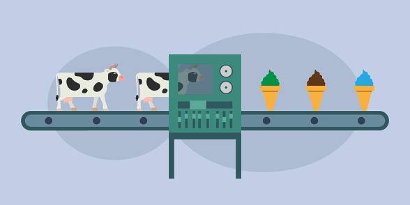 Making Ice Process Cartoon Ice Cream Production Process With Cows And Conveyor Belt 2d Flat Vector ...