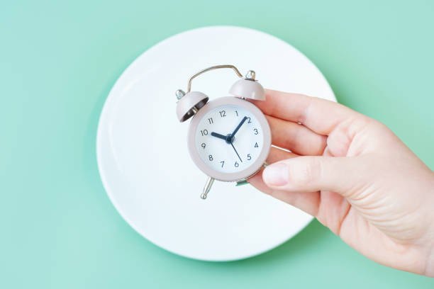 istock Female hand holding alarm clock against empty plate, intermittent fasting concept. 2188153414