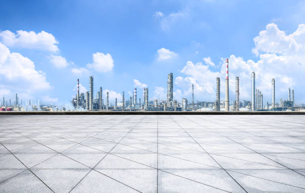 Empty square floor and industrial equipment landscape