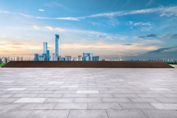 istock Empty floor square and cityscape with skyline in modern city at sunset 2188158099