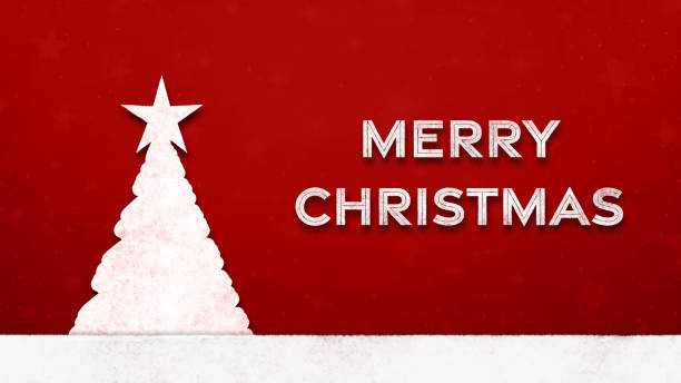 istock Horizontal red maroon cartoon backgrounds of one creative white snowy tree with star shape tree topper with text Merry Christmas and soft fur as snow bottom edge border for copy space, smudged backdrop with stars confetti watermark 2188159548
