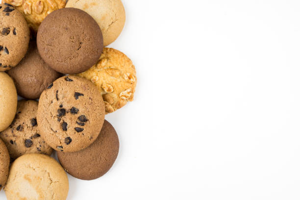 Collection of round cookies, classic and nut set on white background with copy space. Collection of different cookies. Space for text.