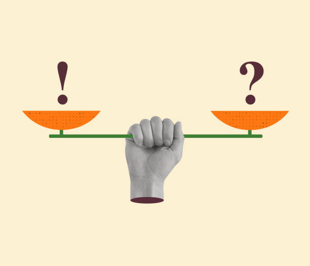istock Contemporary art collage with hand holding scales with exclamation mark and question mark. 2188162683
