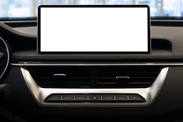 istock Car interior background. Multimedia touchscreen system in a modern luxury car. Blank white screen 2188163911