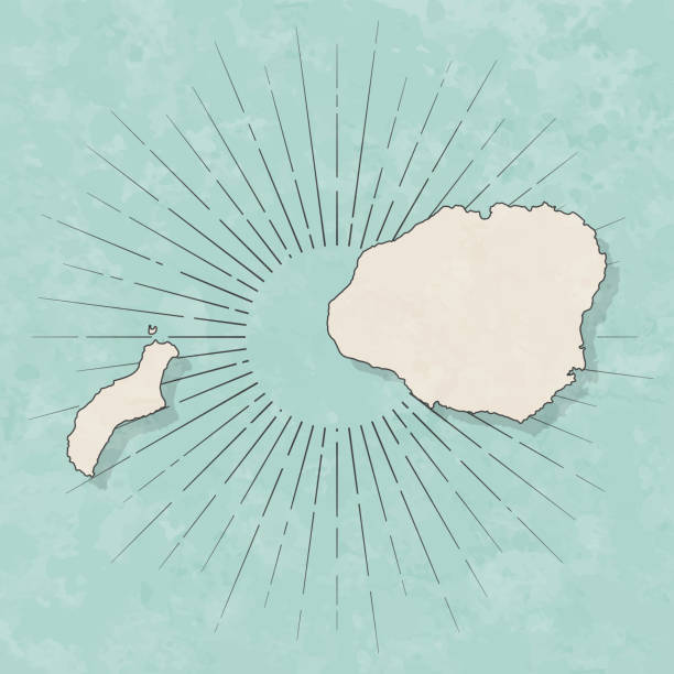 Map of Kauai County - Hawaii, in a trendy vintage style. Beautiful retro illustration with old textured paper and light rays in the background (colors used: blue, green, beige and black for the outline). Vector Illustration (EPS file, well layered and grouped). Easy to edit, manipulate, resize or colorize. Vector and Jpeg file of different sizes.