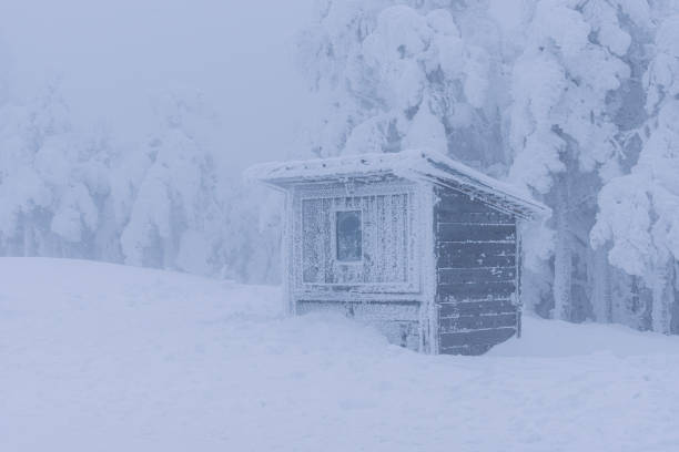 Cold winter scene, heavy snow on mountain hut at rural area.