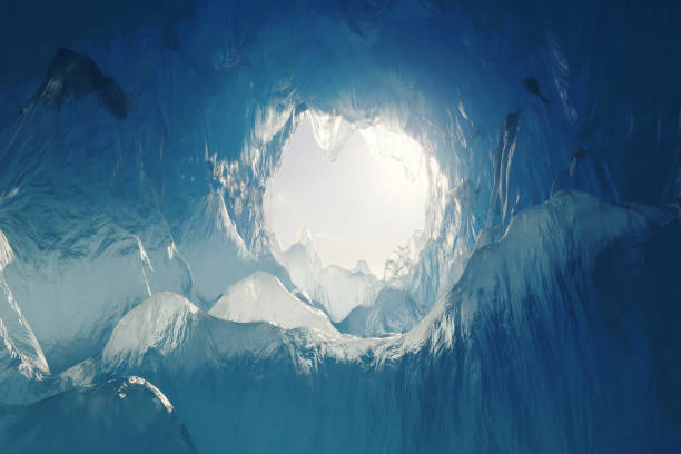 Exit to the light from the mysterious ice cave in Chamonix, mer de glace France. Climate change. From darkness to the light
