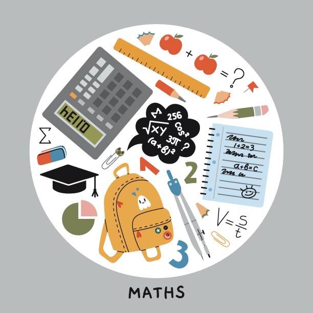 Mathematics  lesson at school, science. Round art with calculator, numbers, backpack, notebook, math formulas, digits, pencil, ruler and compass. Vector isolated illustration, hand drawn, flat Mathematics  lesson at school, science. Round art with calculator, numbers, backpack, notebook, math formulas, digits, pencil, ruler and compass. Vector isolated illustration, hand drawn, flat. drawing of a cute math stock illustrations