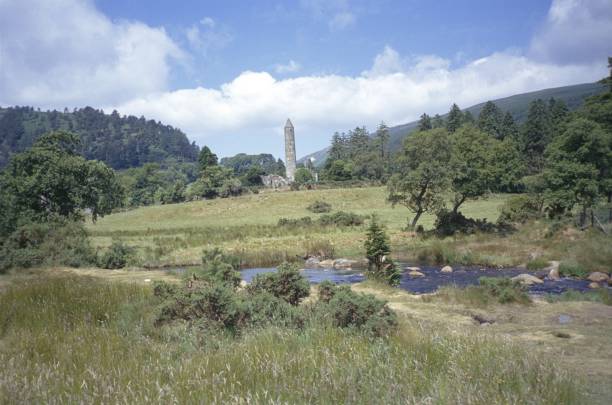Glendalough Monastic, Wicklow, Ireland, 1989. View of Glendalough Monastic with tower on the River Wicklow.