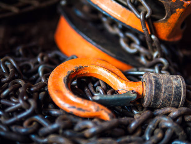 istock Chain Hoist. Industrial hook reel chain, close-up 2188182477