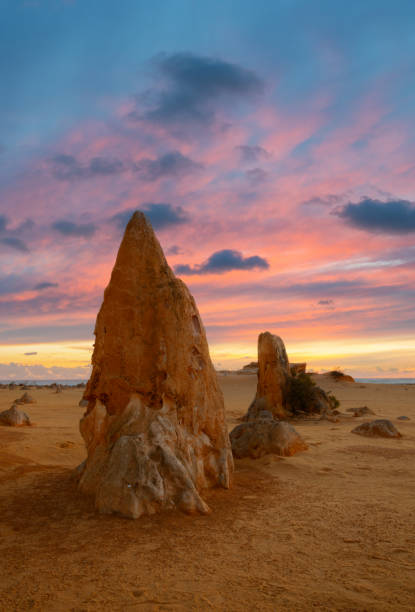The sun begins to set on the Pinnacles of the Nambung National Park, in Western Australia. Composite image.