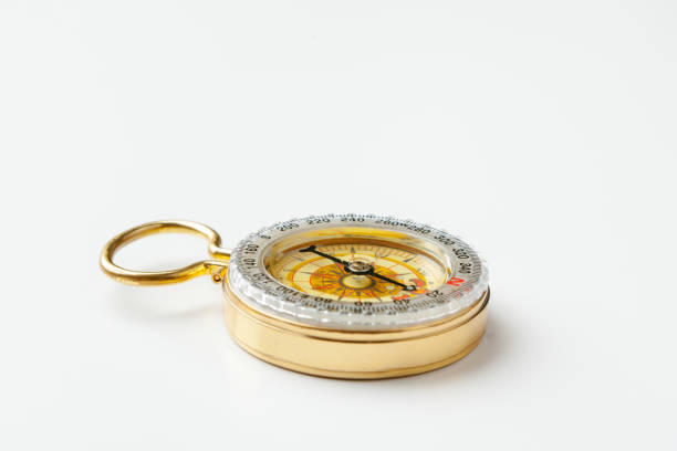 Antique golden compass isolated on white background