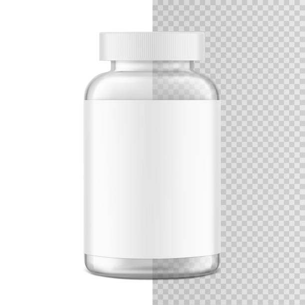 Clear eye-catching pill bottle with label mockup for supplements, vitamins, treats. Vector illustration isolated on white and transparent background. Mockup is ideal for health projects. EPS10. gummy candy stock illustrations