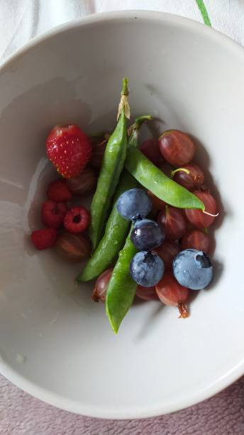 A colorful bowl filled with freshly harvested berries and peas, showcasing natures bounty