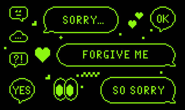 Apologize. Sorry dialogue box. Speech bubbles Apologize. Sorry dialogue box. Speech bubbles. Y2k sticker in pixel art. Forgive me. 8 bit retro style vector background. Simple geometric form. Game abstract icon set. Mood of 90's aesthetics. pleading emoji stock illustrations