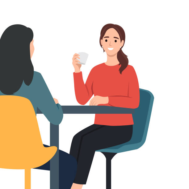 Female friends drinking tea together at cafe. Female friends drinking tea together at cafe. Flat vector illustration isolated on white background meeting at cafe stock illustrations