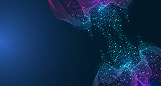 Artificial Intelligence or machine learning vector design. Quantum computer technology concept with circuit board and motherboard texture background design. Waves flow quantum explosion Artificial Intelligence or machine learning vector design. Quantum computer technology concept with circuit board and motherboard texture background design. Waves flow quantum explosion. microchip processor stock illustrations