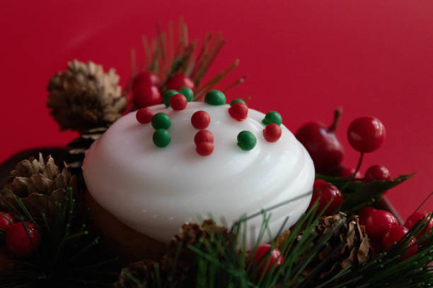Christmas Cup Cake bedded red berries and green fir on Red background