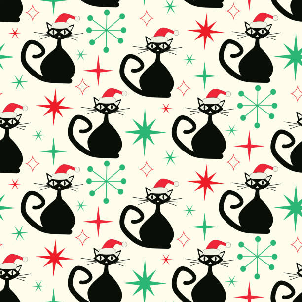 Mid Century Christmas Black Atomic Cats seamless pattern wearing Santa Hats with red and green atomic starbursts. for Christmas wrapping paper, fabric and textile