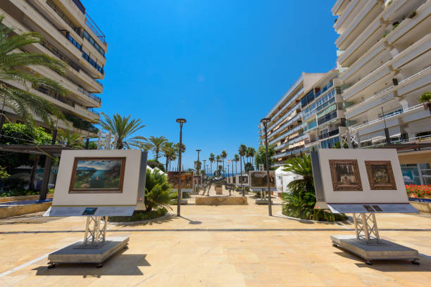 Marbella, Spain - August 06, 2024: Walking the streets of Marbella, Spain. Marbella is situated on the Mediterranean Sea, between Málaga and the Strait of Gibraltar, in the foothills of the Sierra Blanca.