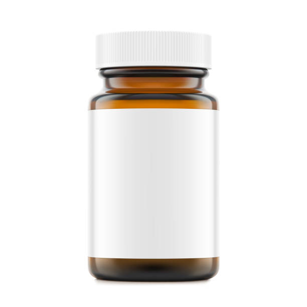 istock Brown glass wide mount bottle with screw cap and label mockup for treats, vitamins, supplements isolated on white background. 2188204401