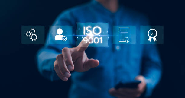Quality control Businessman touch on ISO-9001 sign or tick mark with document icon for approve quality assurance and guarantee concept, online approve paperless and quality assurance concept.