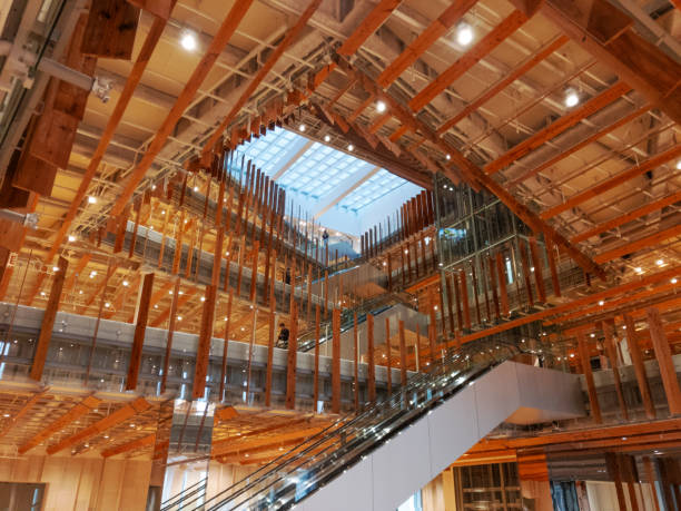 Toyama, Japan - January 30, 2017: Visitors peruse the Toyama City Public Library. The building opened in 2015.