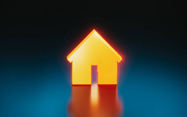 Glowing orange colored house symbol on blue background. Horizontal composition with copy space. House ownership and mortgage concept.