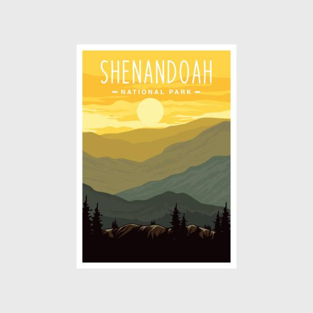 Shenandoah National Park poster illustration, hiker on beautiful mountain range scenery poster design