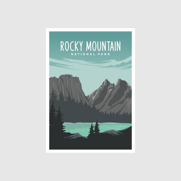 Rocky Mountain National Park poster illustration, beautiful river lake mountain scenery poster design