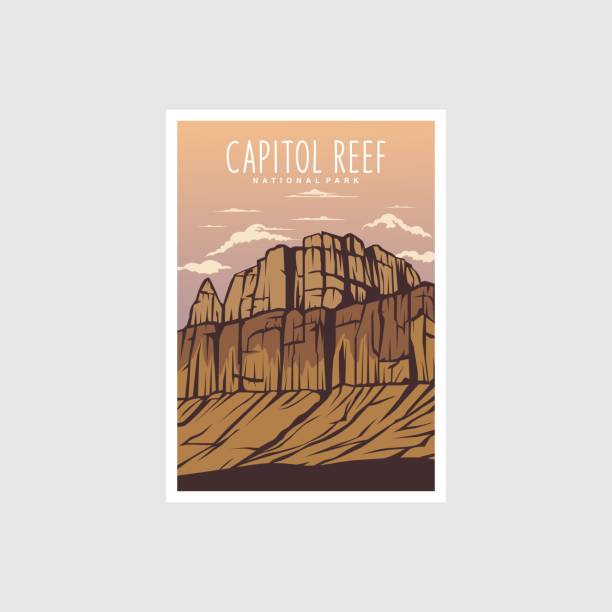 Capitol Reef National Park poster illustration, Mountain lion canyon scenery poster design