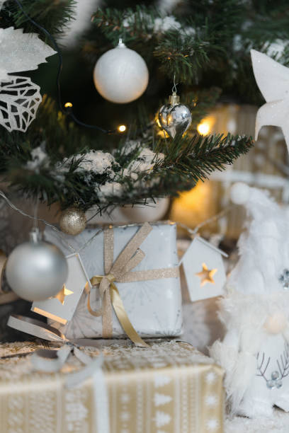 istock White and gold gift boxes under Christmas tree with white decoration. New Year, Christmas background. Christmas tree, boxes with gifts,Christmas decor 2188231658