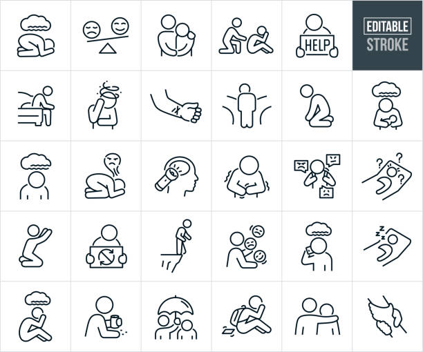 Depression And Anxiety Thin Line Icons - Editable Stroke - Icons Include People Suffering From Depression, Anxiety, Mental Illness, Irritation, Confusion, Sadness, Hopelessness, Thoughts Of Suicide, Cyberbullying, Helping Hand, Help, Rescue A set of depression and anxiety icons that include editable strokes or outlines using the EPS vector file. The icons include a depressed person on the ground with dark cloud overhead, sad and happy face on a scale, depressed person being consoled by a friend or family member, person reaching out to help a person suffering from depression, person with mental illness holding a "Help" sign, depressed person sitting at bedside with head down, person with anxiety confused, person with slit wrists due to metal illness, depressed person with head down not knowing what path to take, depressed person on knees in despair, woman suffering from postpartum depression, depressed person with head down and a cloud overhead, person on ground suffering from mental illness, metal illness awareness ribbon, student with depression because of cyberbullying, person awake in bed with racing thoughts due to anxiety, depressed person in bed sleeping, person with mental illness reaching out for help, person contemplating suicide because of mental illness, person with mental illness juggling happy and sad faces, depressed person calling a mental health hotline, person using substance abuse as a way to deal with mental illness, person holding an umbrella overhead of a person with depression, student depressed because of cyberbullying, person with their arm around another person with depression as a sign of support and a hand reaching out to rescue another from mental illness. hopelessness stock illustrations