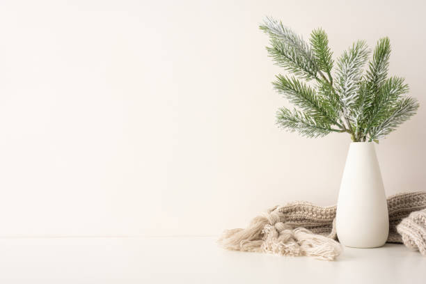 istock A side view simple, elegant Scandinavian-inspired winter scene featuring pine branches in a white vase. The soft, neutral colors create a cozy atmosphere, perfect for holiday or Christmas decorations 2188235977