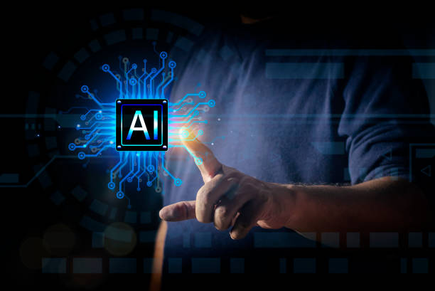 istock Man hand pointing at AI chip. Artificial intelligence, technology smart robot AI, hardware, hud and innovation concept 2188236205