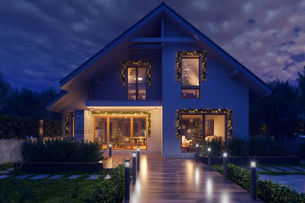 istock Modern Villa Exterior With Christmas Decoration At Night 2188246343