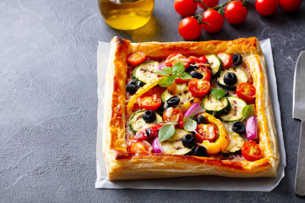 istock Pizza with grilled vegetables. Grey background. Close up. Copy space. 2188248507