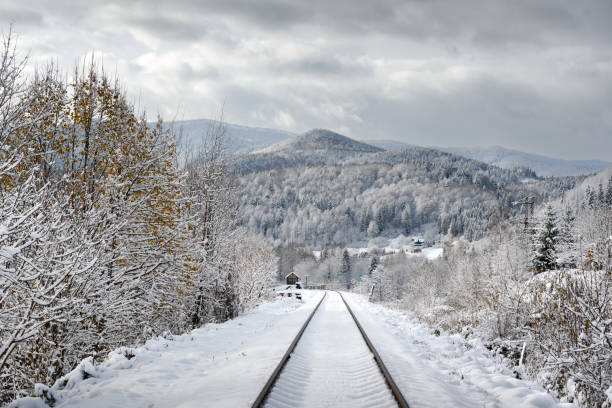 Railway track in winter forest near Lcovice stop mountains village