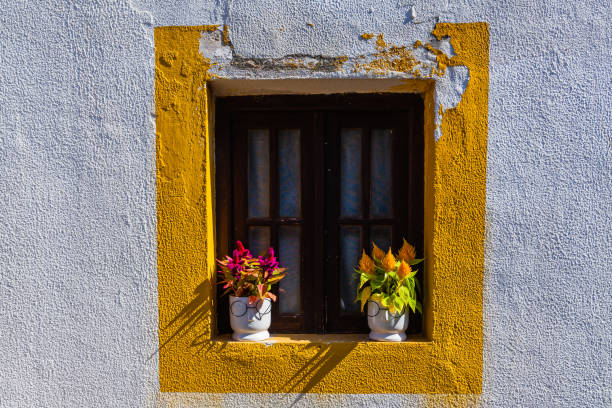 A charming window with a yellow frame, adorned with potted flowers in whimsical planters. The window is set against a whitewashed wall, adding to the picturesque scene