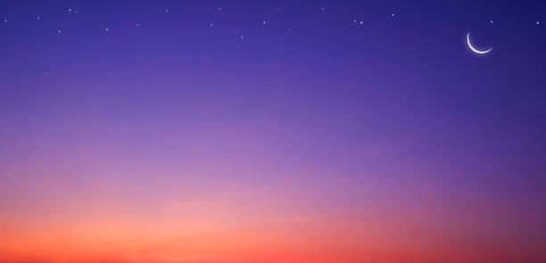 istock Twilight sky ramadan background with crescent moon and star on panoramic night sky with copy space 2188265600