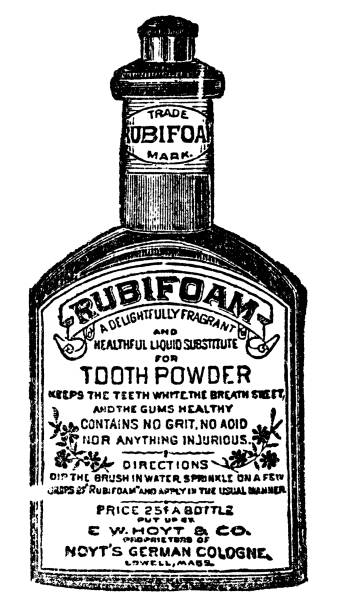 A Victorian era Rubifoam dentifrice tooth powder used for brushing teeth, from E. W. Hoyt & Co. Vintage etching circa 19th century.