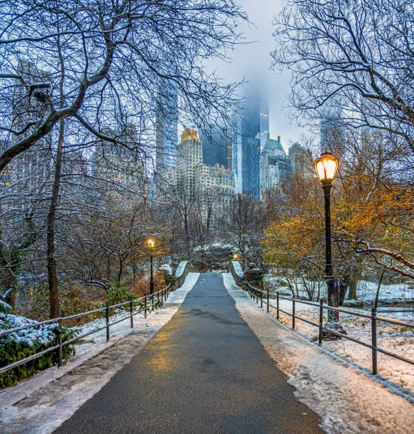 Gapstow Bridge in Central Park early morning after snowing