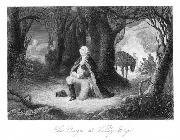 Praying in the woods, General George Washington is camped with troops at Valley Forge during the American Revolutionary War. Illustration published 1882. Copyright expired; artwork is in Public Domain.